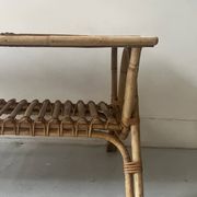 Large Audoux style coffee table in bamboo, rattan & ceramic, France 60