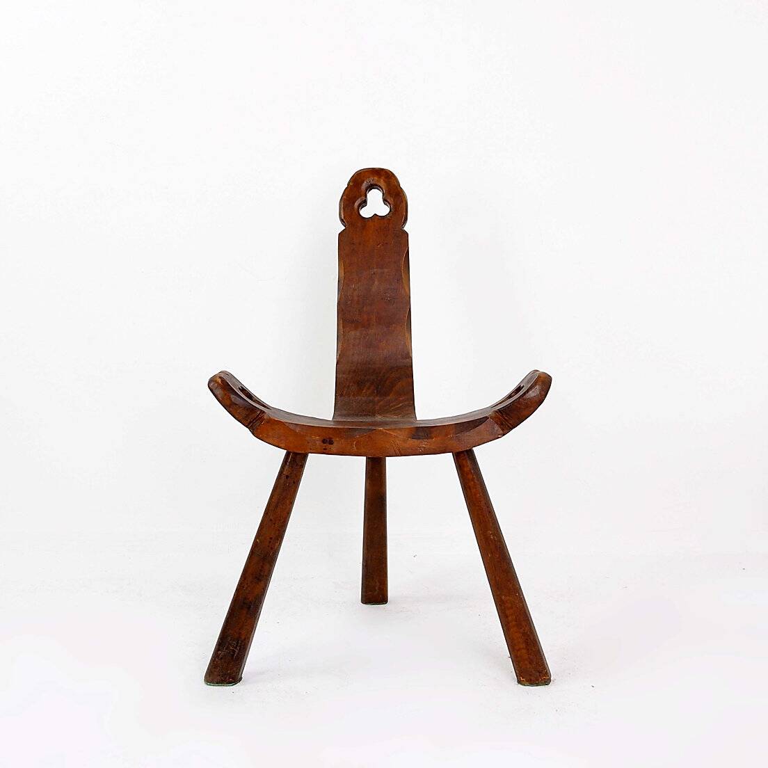 Primitive French Wooden Carved Tripod Chair, Wabi Sabi Style, Early 20th Century