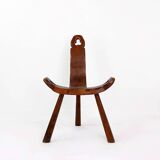 Primitive French Wooden Carved Tripod Chair, Wabi Sabi Style, Early 20th Century