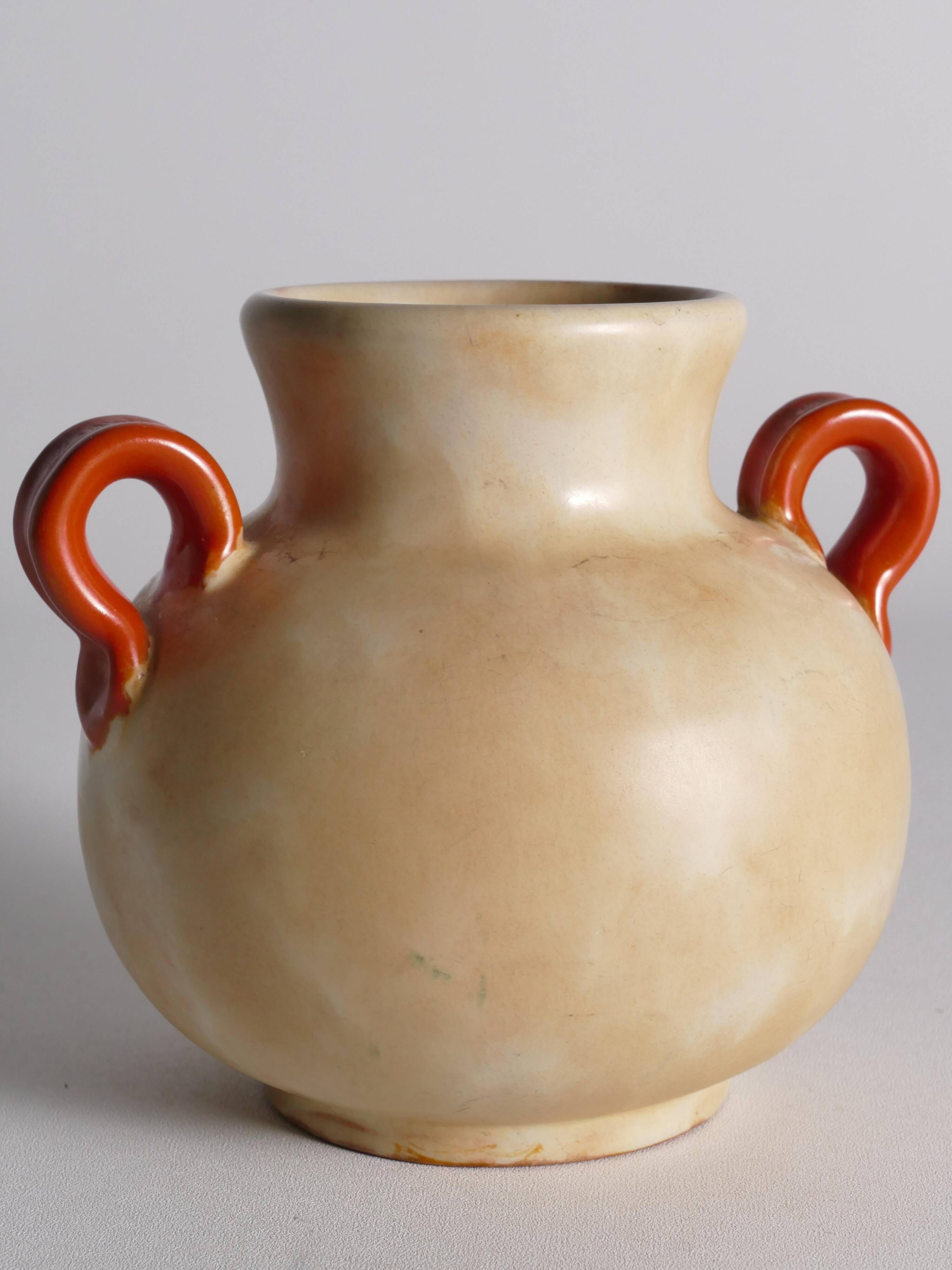 Art Deco Ceramic Beige Vase with Red Handles by Anna-Lisa Thomson, Upsala Ekeby
