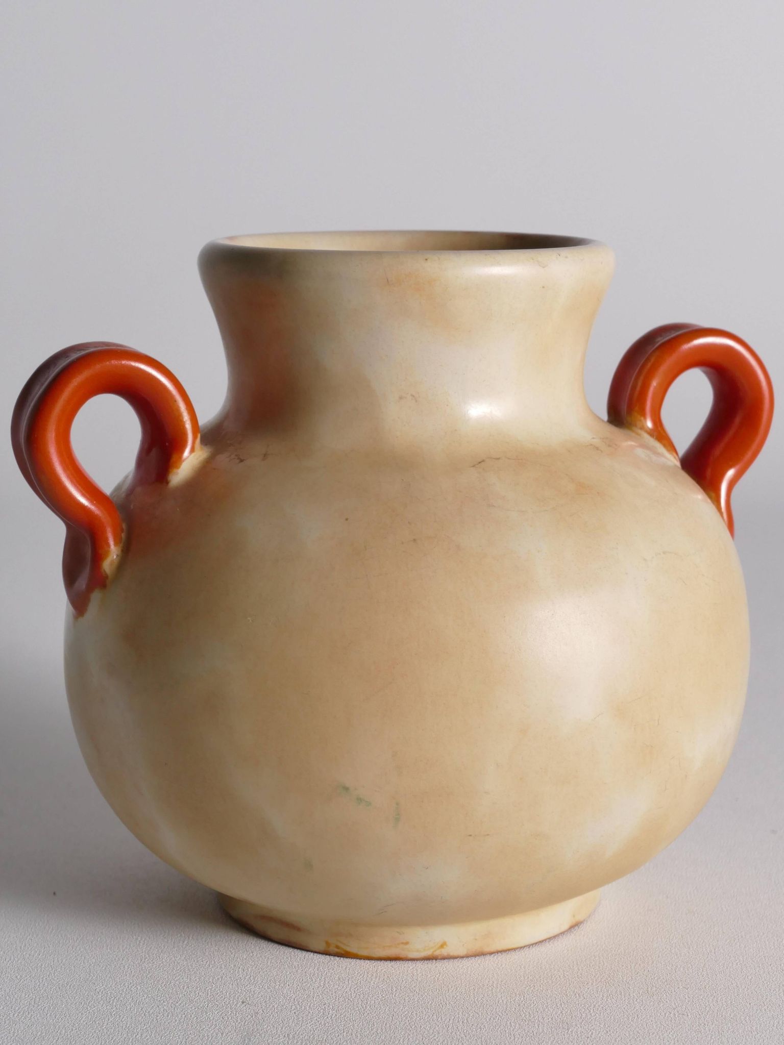 Art Deco Ceramic Beige Vase with Red Handles by Anna-Lisa Thomson, Upsala Ekeby