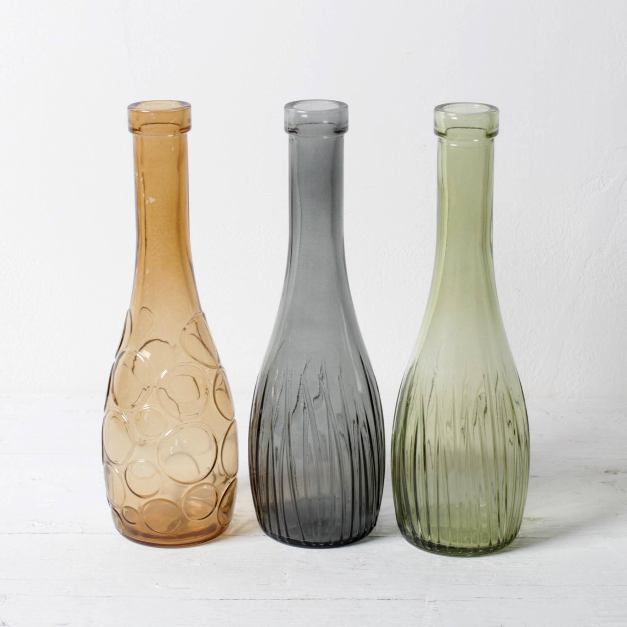 Set of 3 Grey, Green and Amber Glass Vases / Colored Bottles / Ikea / 2000s