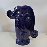 Vase face glazed earthenware blue design XXe Sandra Corina Paris