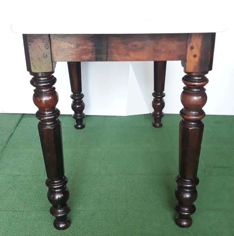Walnut table on white marble for kitchen, old