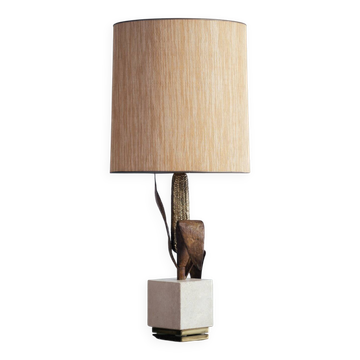 Lampe de table en laiton, bronze et travertin attribuée à Maison Charles