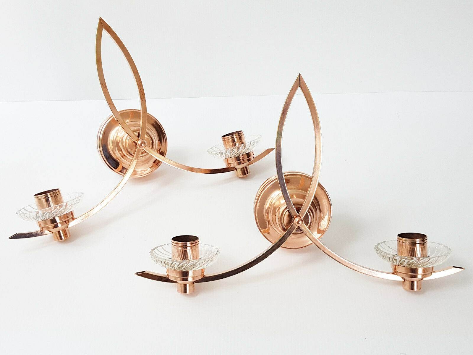 Pair of vintage 1950 copper & glass wall lamps