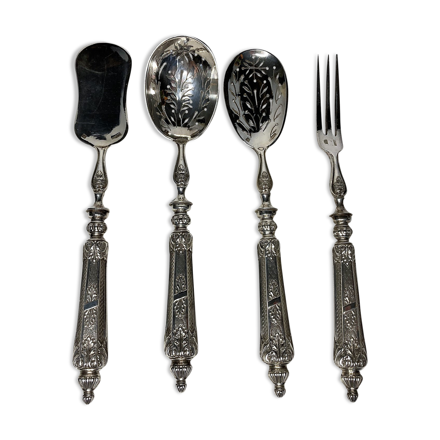 Old candy confectionery service 4 pieces silver metal case XIXth