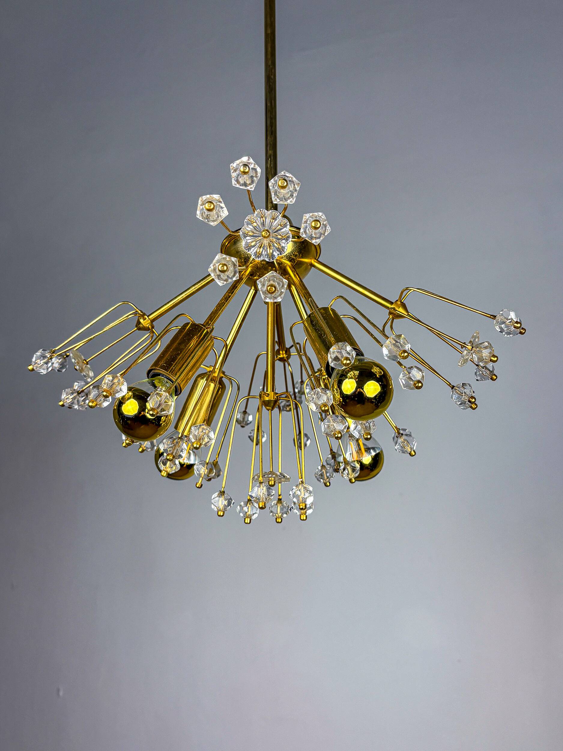 Emil Stejnar Sputnik chandelier for Rupert Nikoll, brass & crystal, Vienna, 1950s