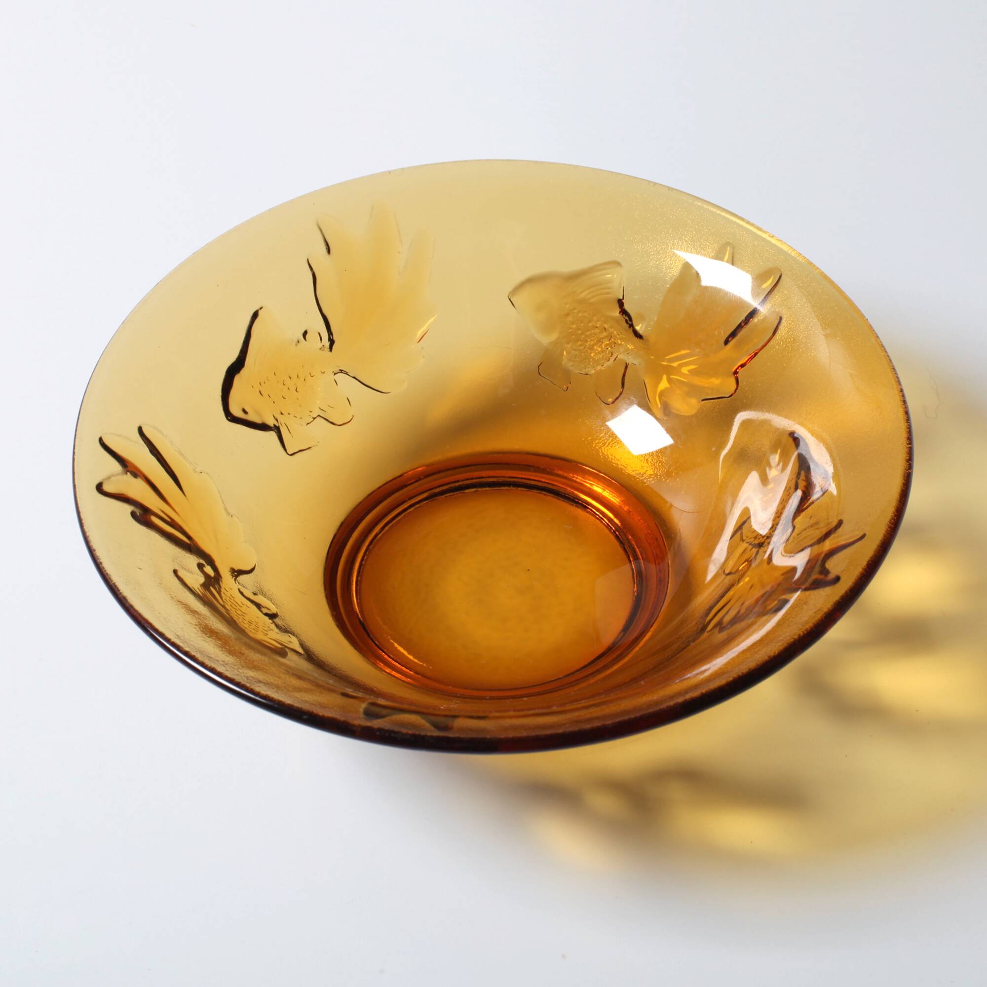 Vintage Amber Glass Bowl with Embossed Fish Pattern / Czech Repulic / 1980s