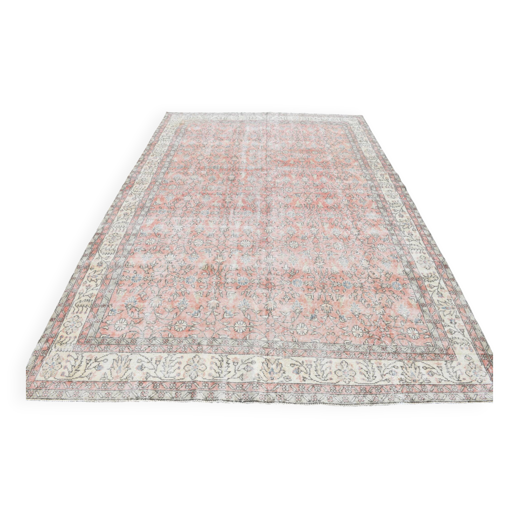 Soft Pink Oversize Vintage Turkish Floral Carpet Rug, 219x313 Cm
