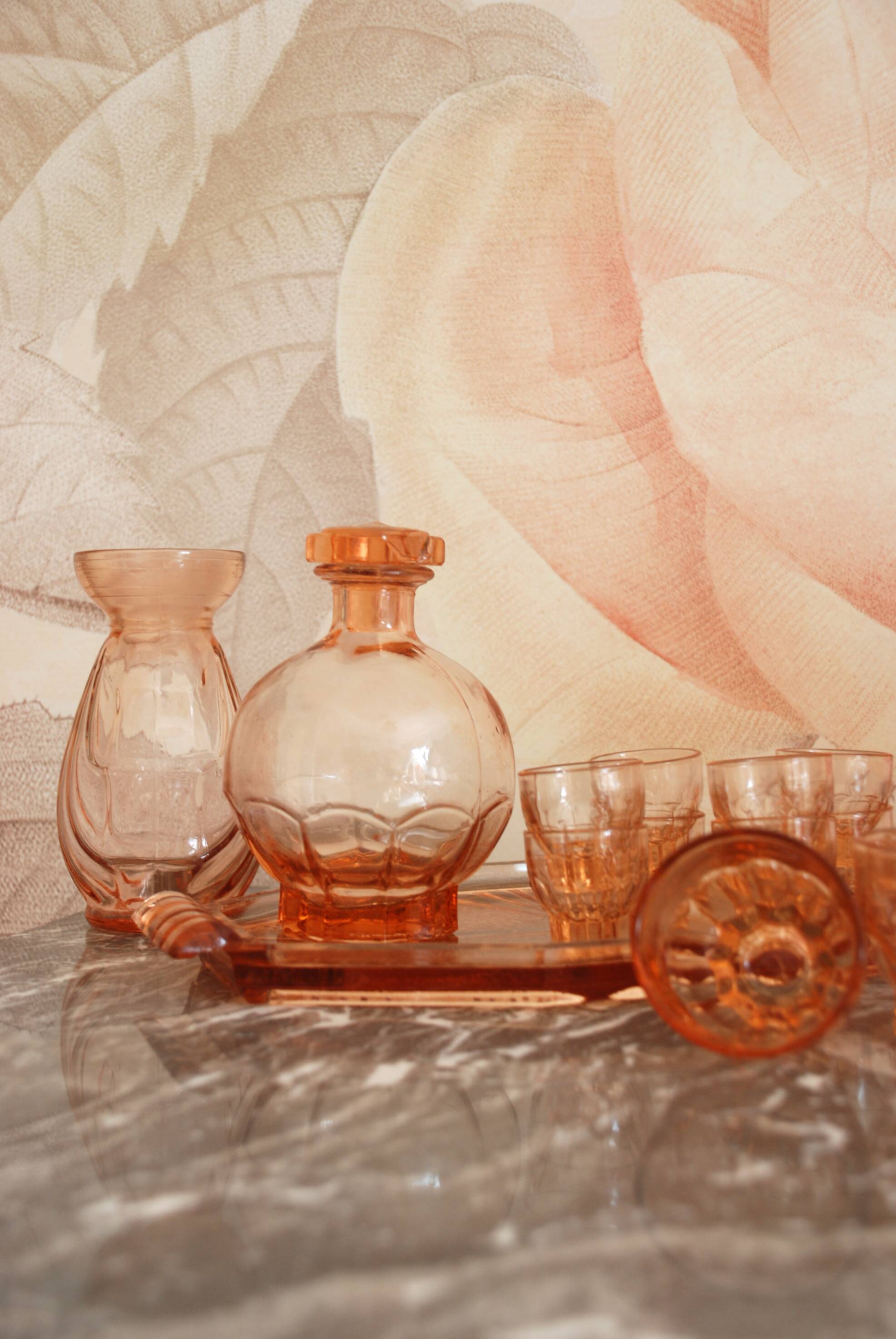 Pink glass liqueur set and accessories from the 1950s