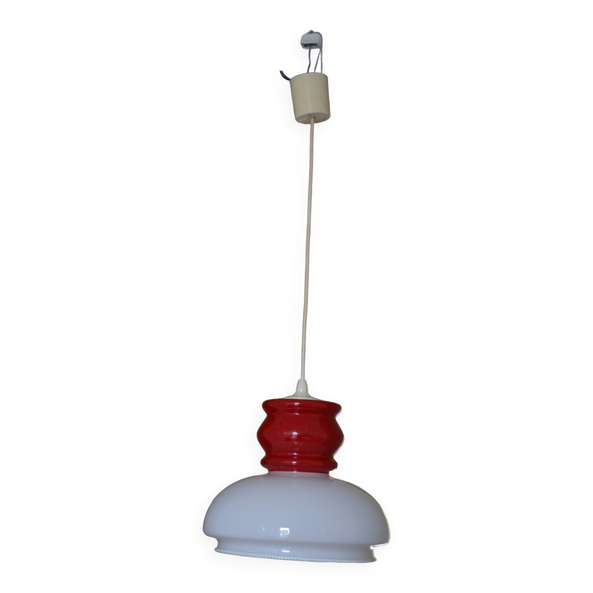 White and red opaline glass chandelier vintage 1970 space age