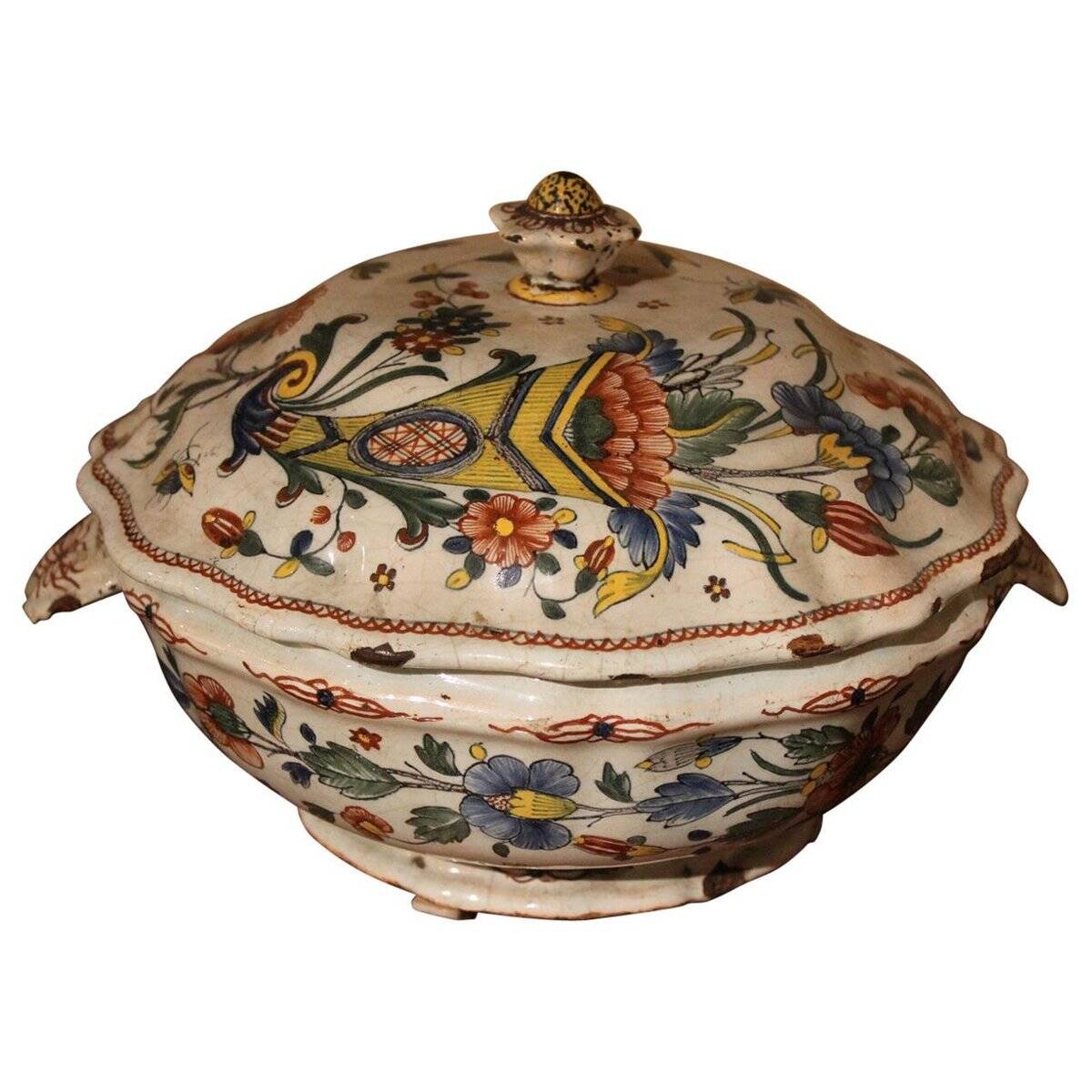 Antique French Faience Lidded Bowl Tureen Hand Painted with Flowers and Insects