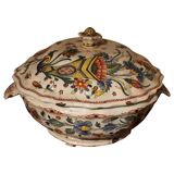 Antique French Faience Lidded Bowl Tureen Hand Painted with Flowers and Insects