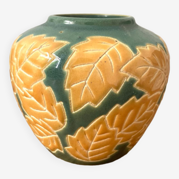 Vase motif floral vert et jaune ceramique