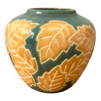 Vase motif floral vert et jaune ceramique