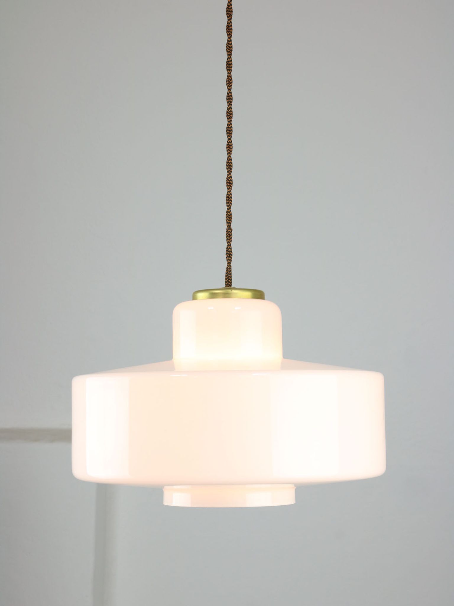 Mid-century Italian White Glass and Brass Pendant Lamp