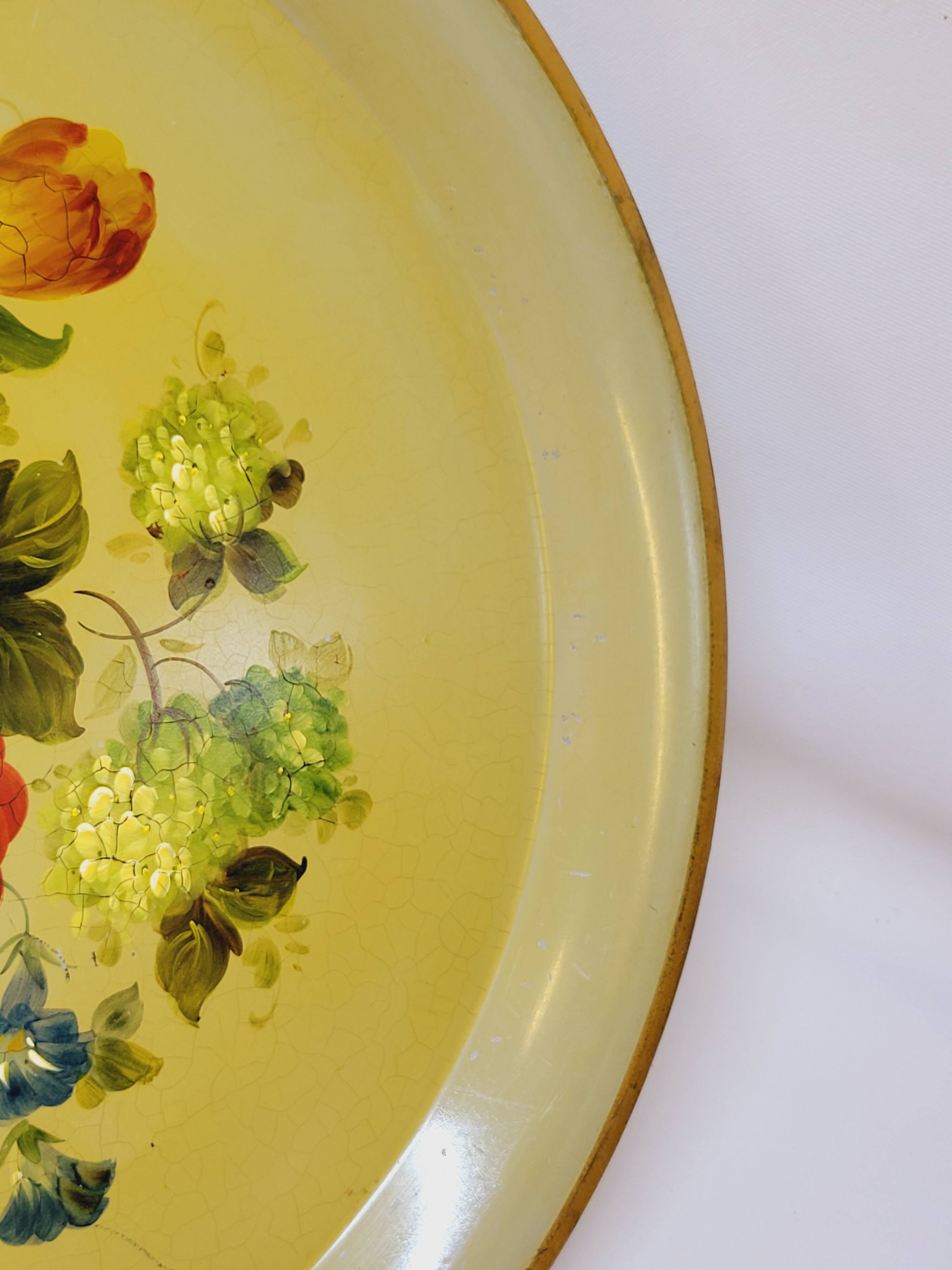 Napoleon III Painted Sheet Metal Tray Painted Metal Floral Decor Diameter 44.5