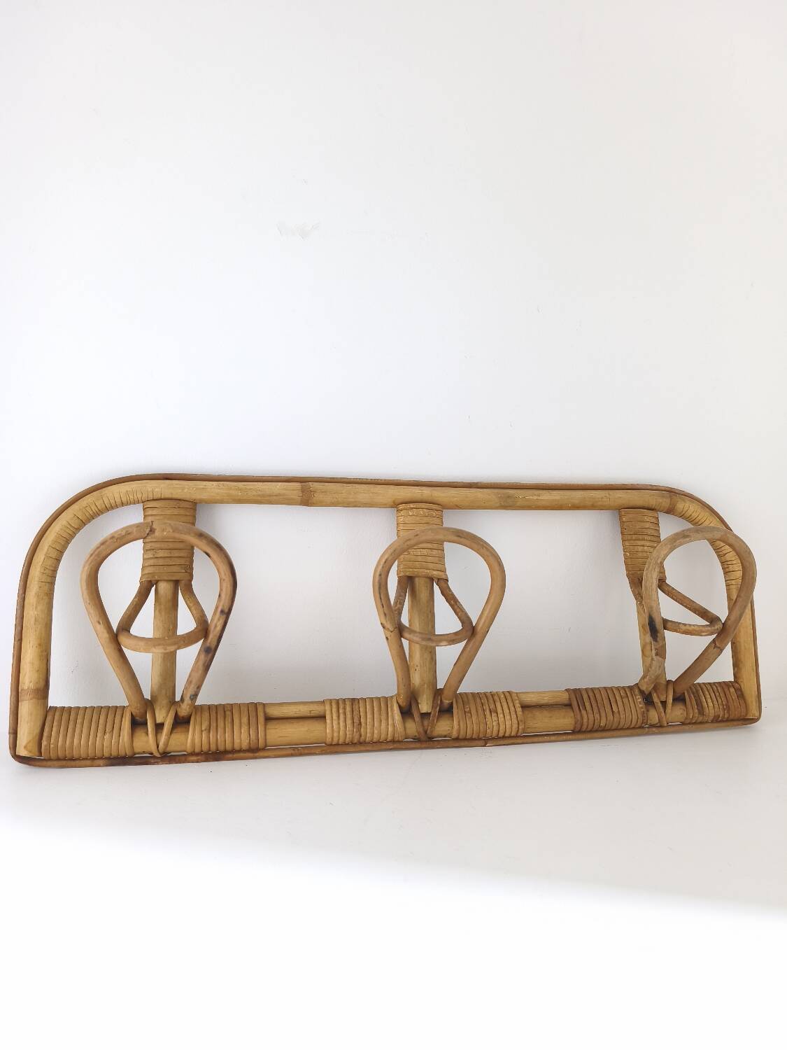 Vintage rattan 3-hook coat rack