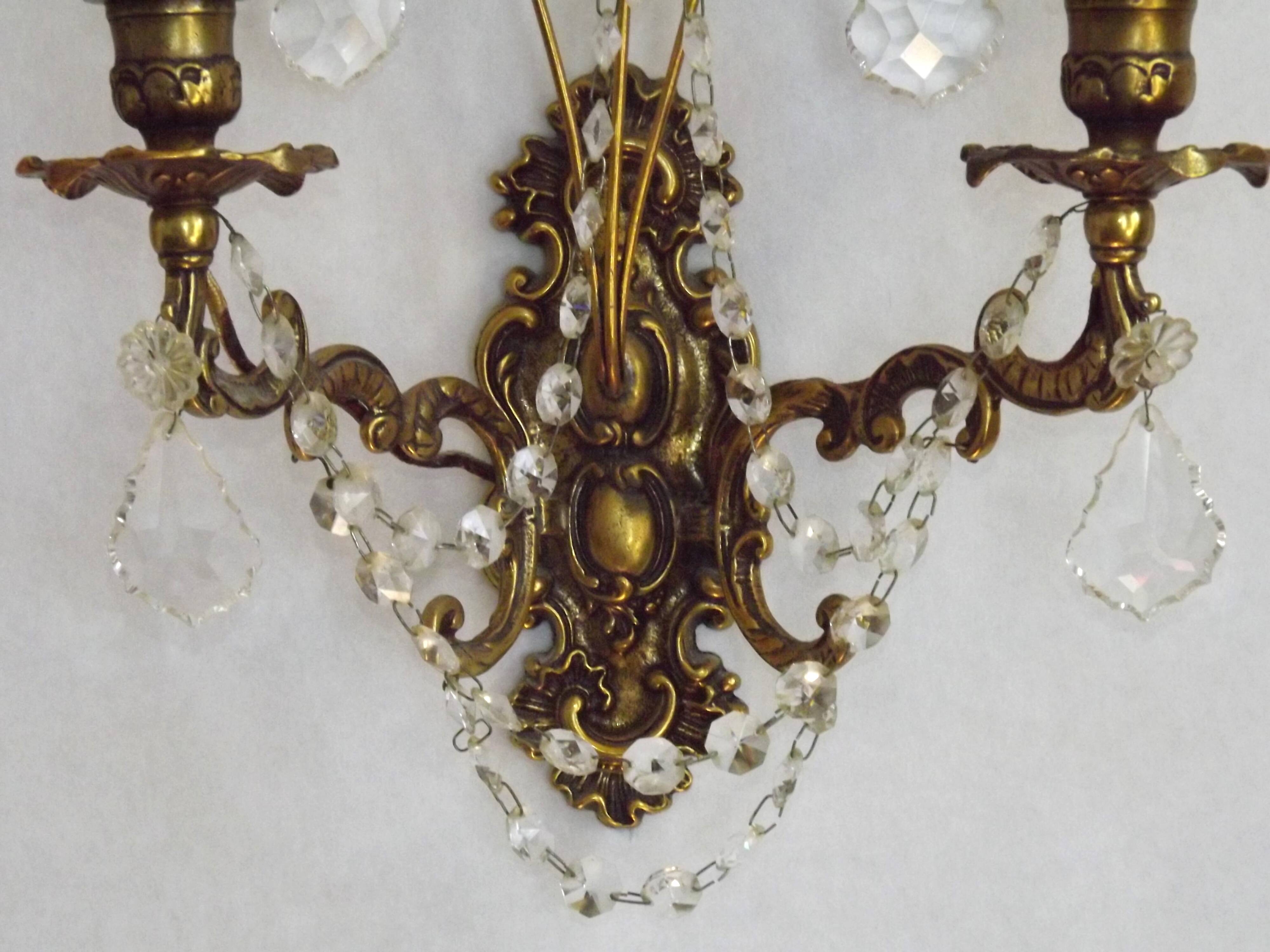 Pair of French Baroque Double Bronze Crystal Wall Lights Glass Bead Swags