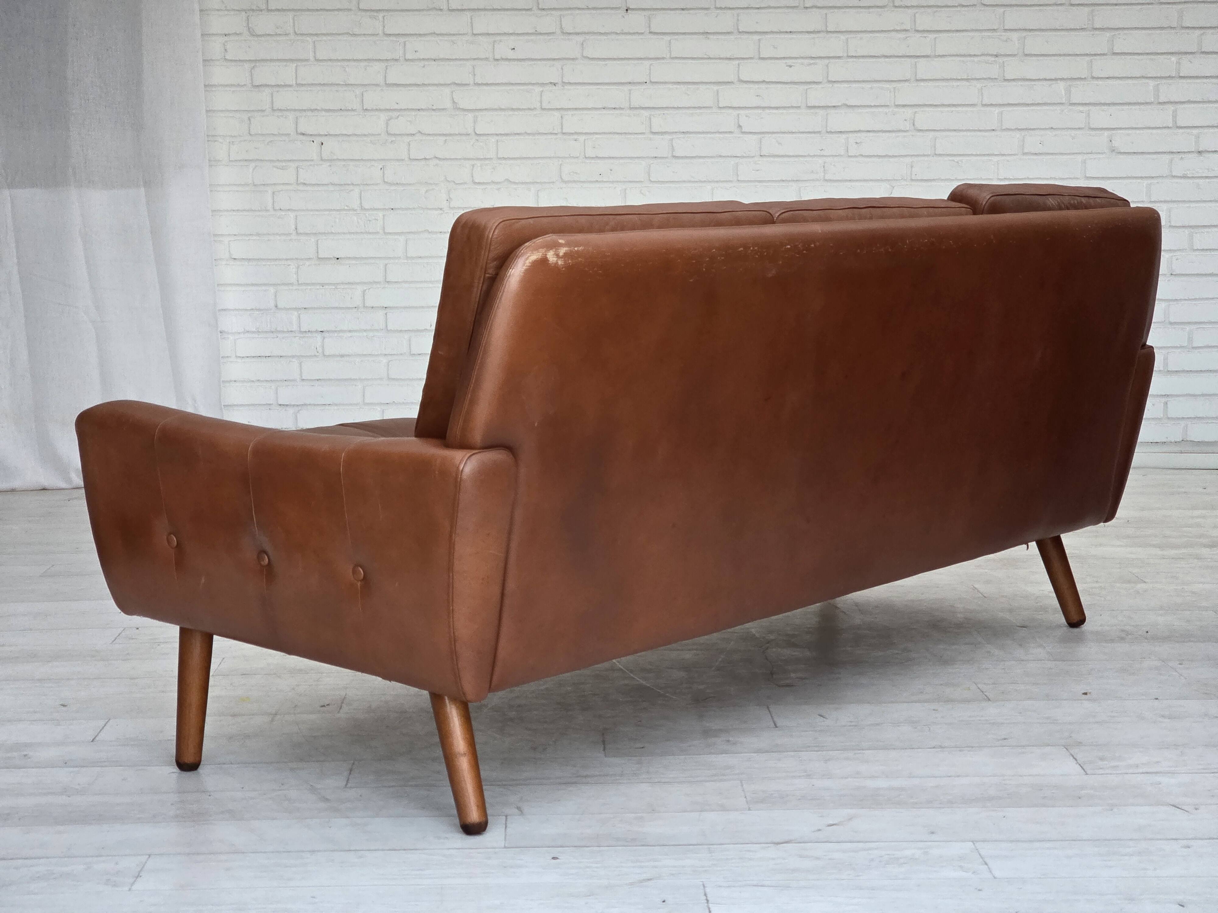 1970s, 3-seater Danish sofa, brown furniture leather with patina.