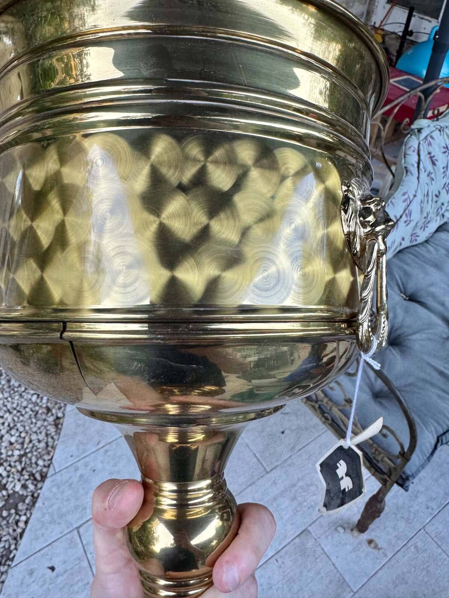 Large brass lion baroque planter on stand
