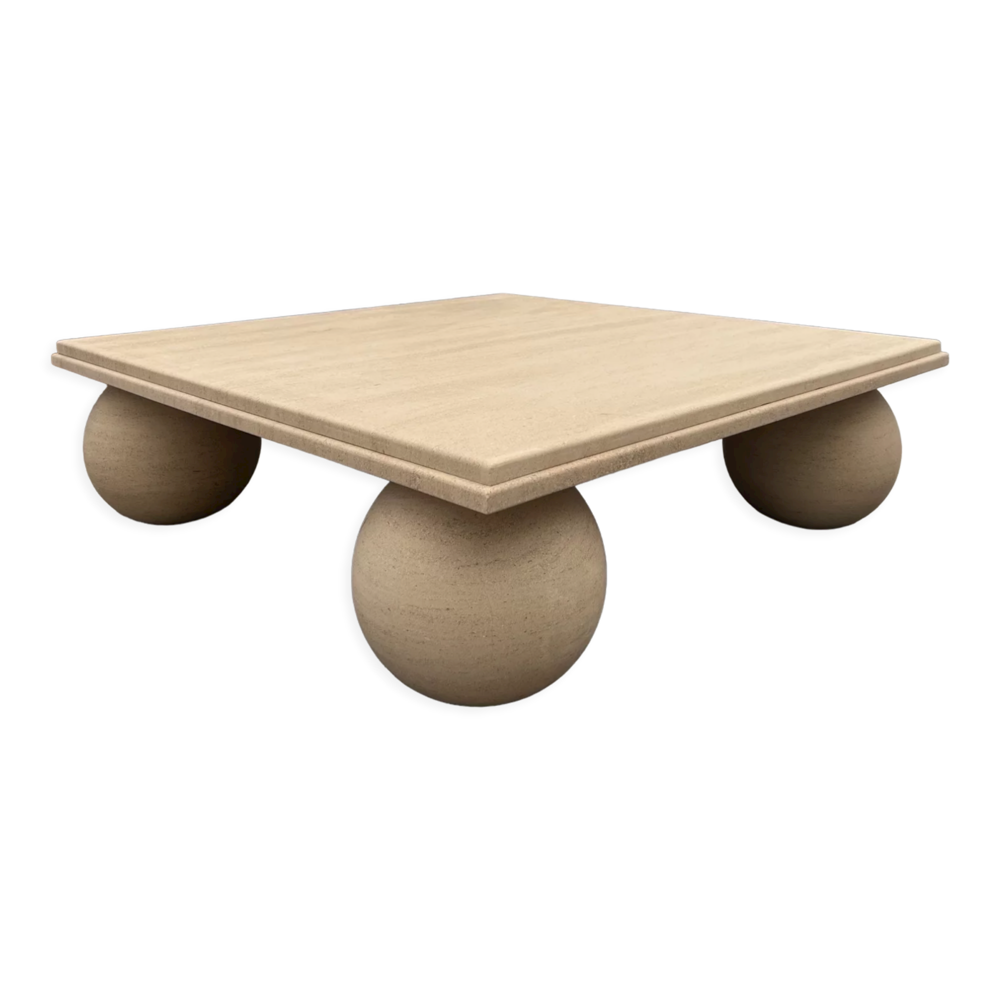 Square stone coffee table with sculptural ball legs