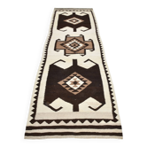Tapis coureur oriental kilim vintage beige et marron 3x10, 99x322 cm