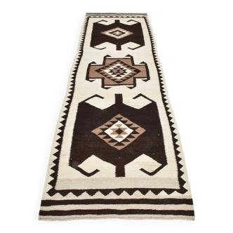 3x10 Vintage Beige & Brown Oriental Kilim Runner Rug, 99x322Cm