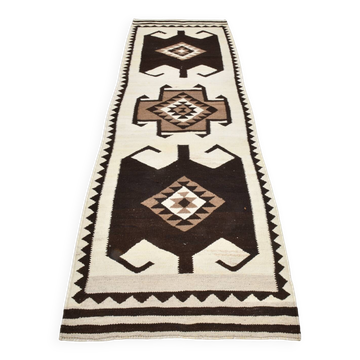 Tapis coureur oriental kilim vintage beige et marron 3x10, 99x322 cm