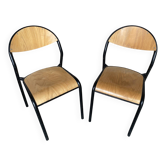 Paire Chaise Ancienne Écolier Style MULLCA Métal Noir + Bois Vintage #