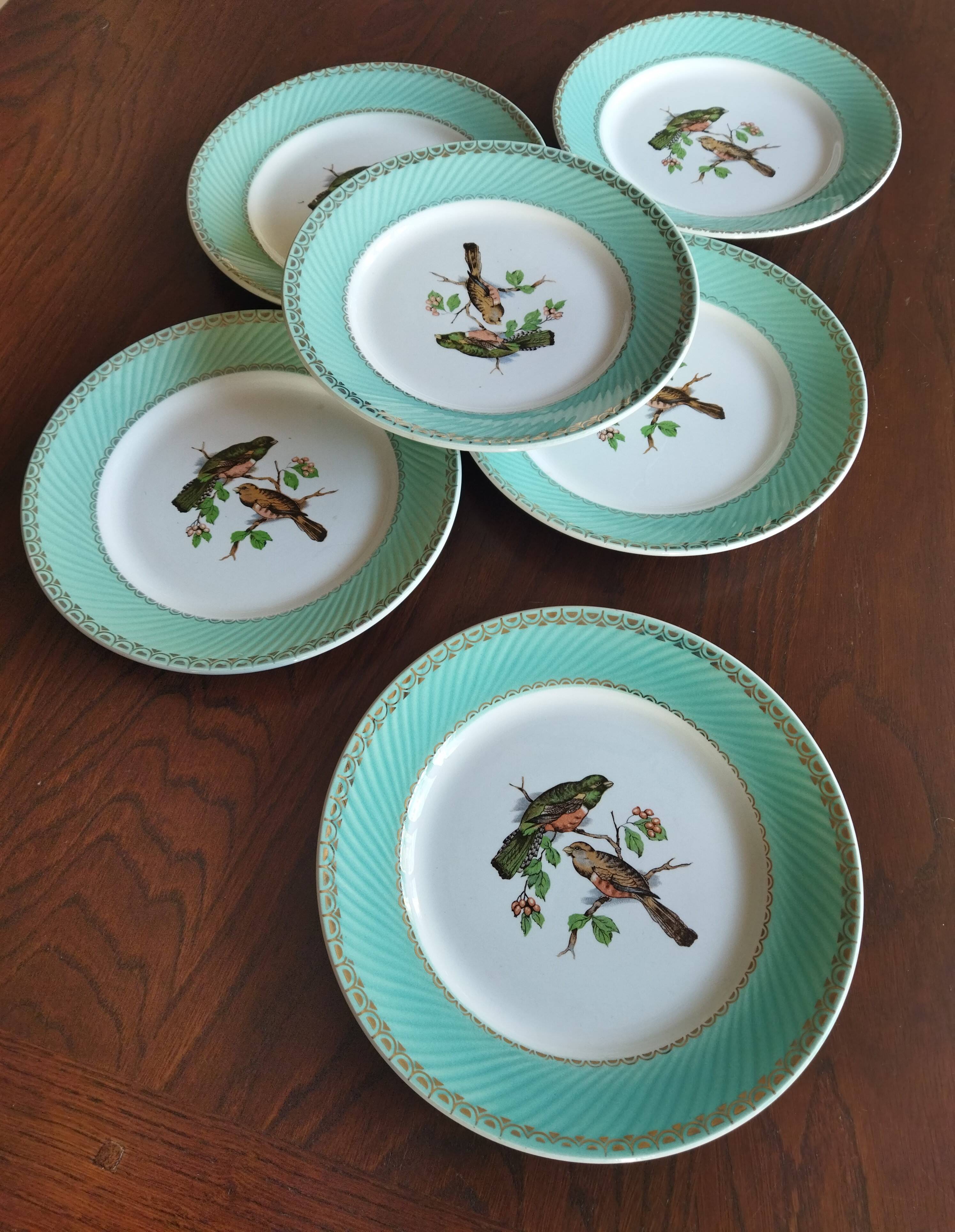 6 assiettes plates Fenal Badonviller "Oiseaux" vintage années 1950