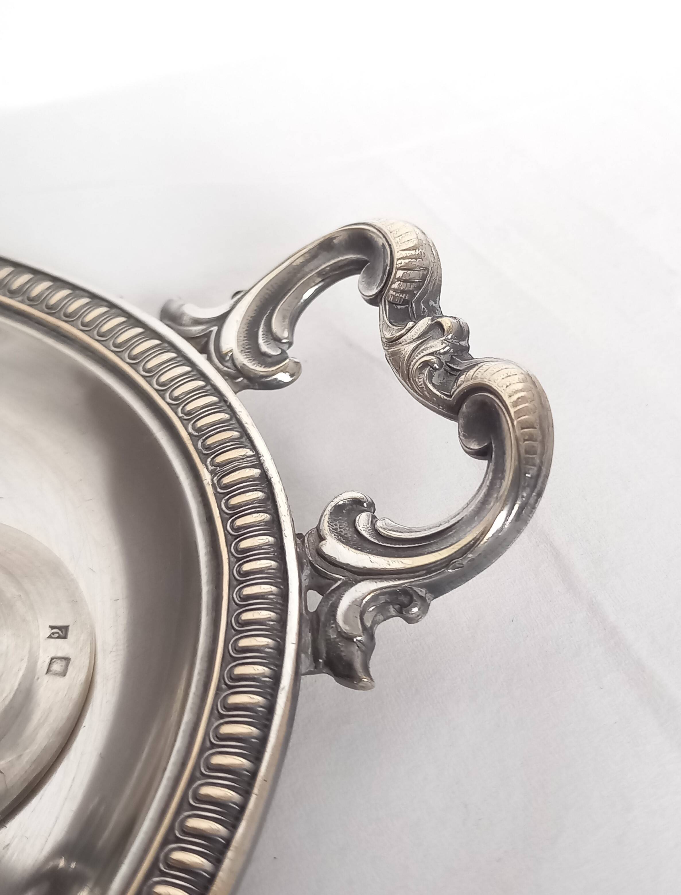 Silver Metal Liquor Set Consisting Of Six Stemmed Glasses On Their Tray