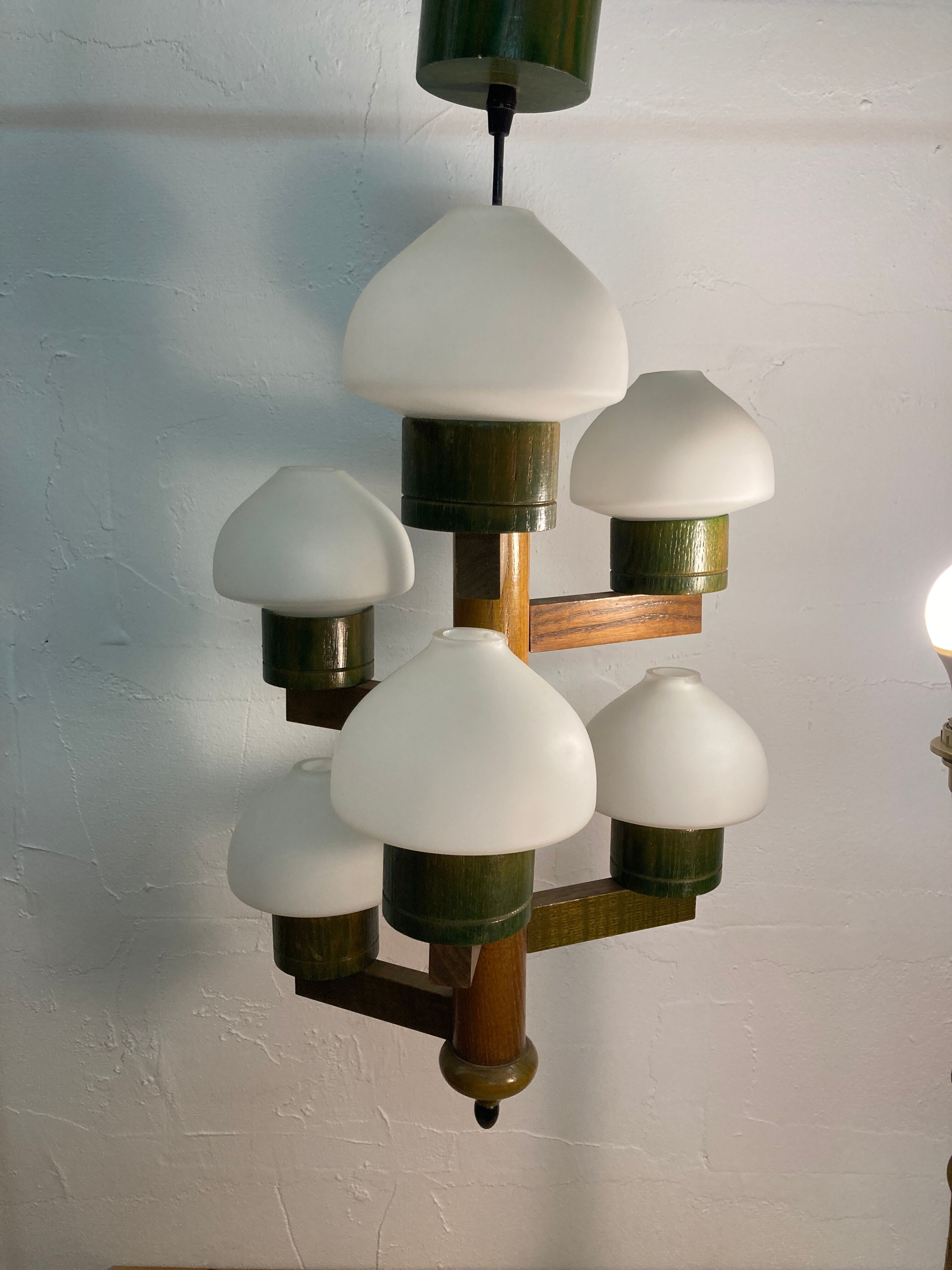 Midcentury Scandinavian wood and opaline glass hanging pendant