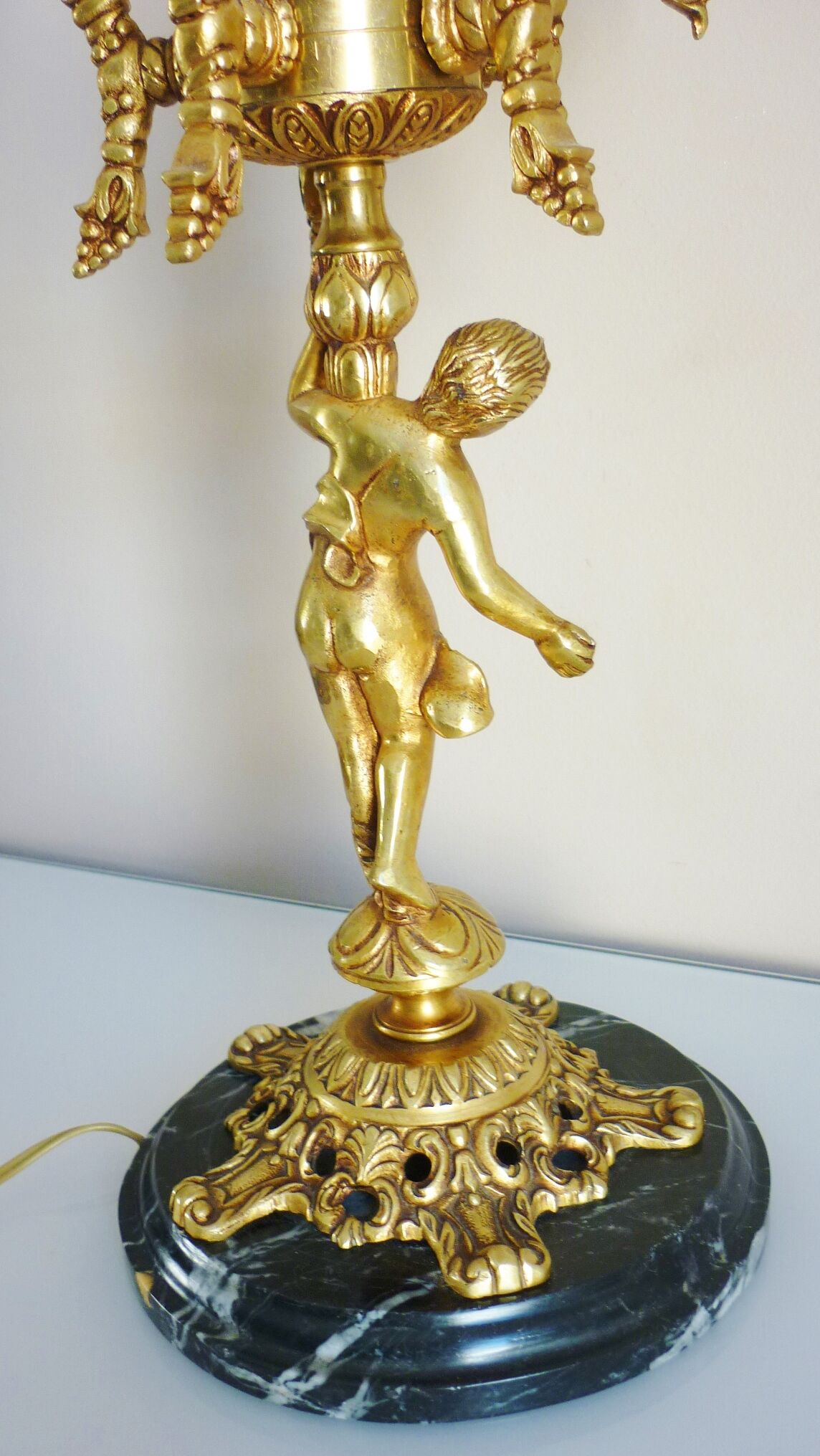 Candelabra, 6-pointed candlestick, marble, bronze, putti decoration, putto