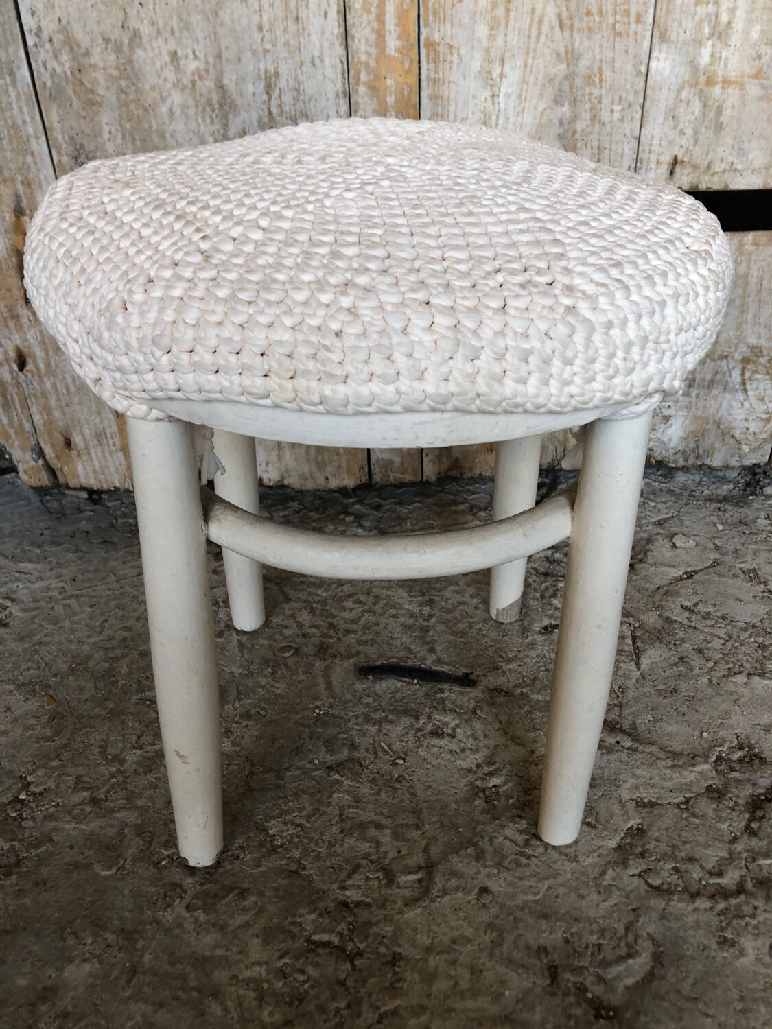 White wooden stool + vintage wool seat #a294