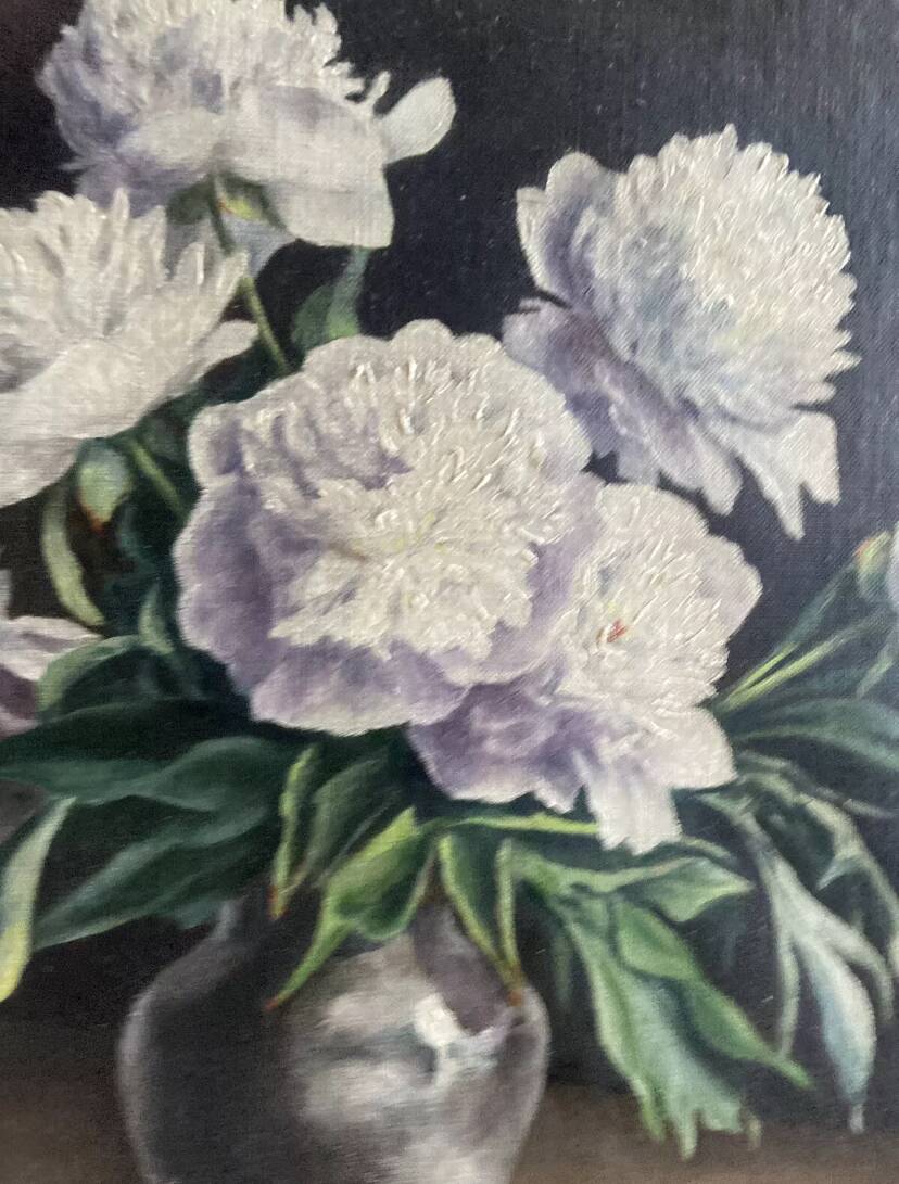 Tableau Ancien -peinture à l’huile - les Pivoines Blanches