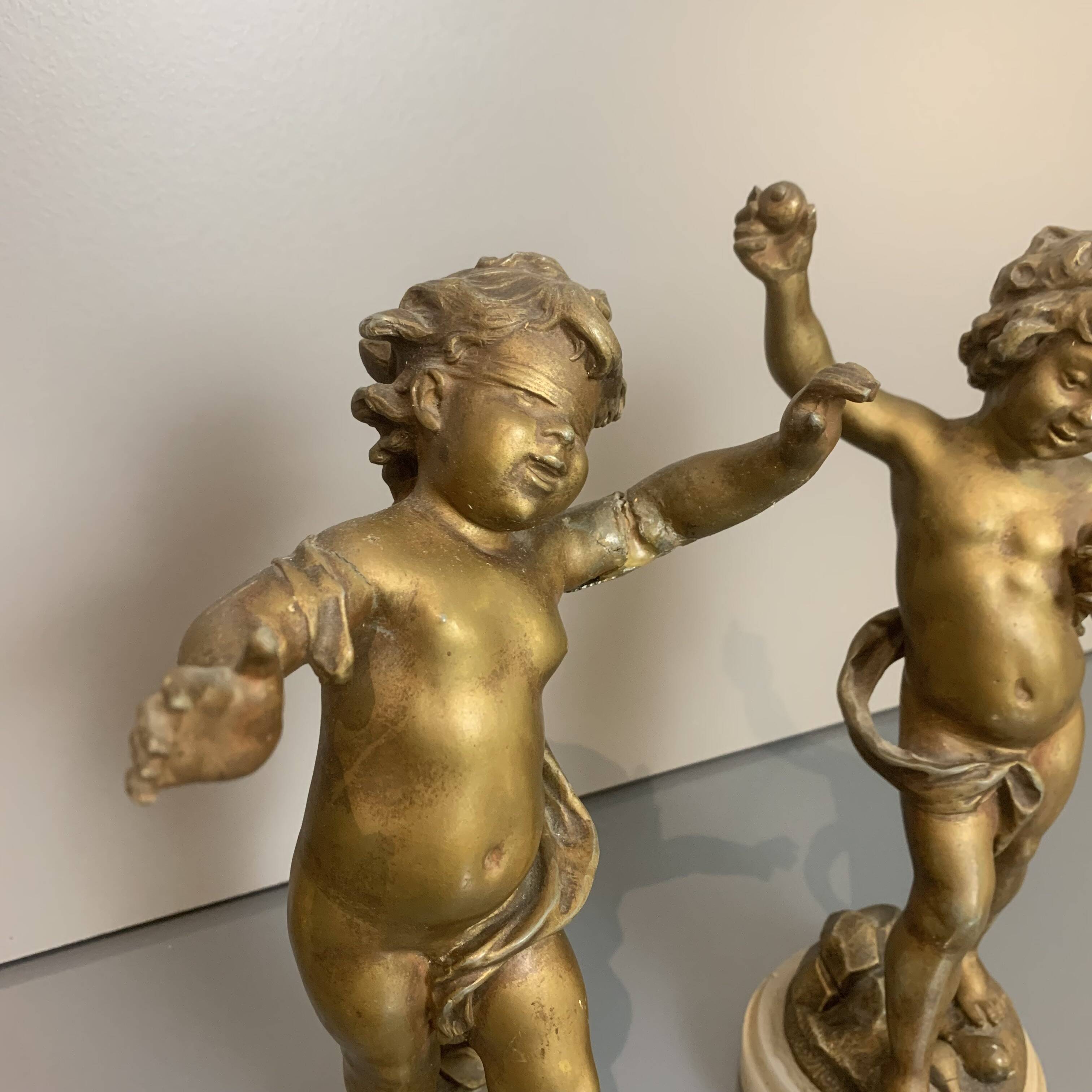 Two bronze statues, Auguste Moreau 'putti' (h25cm) 19th century sculpture