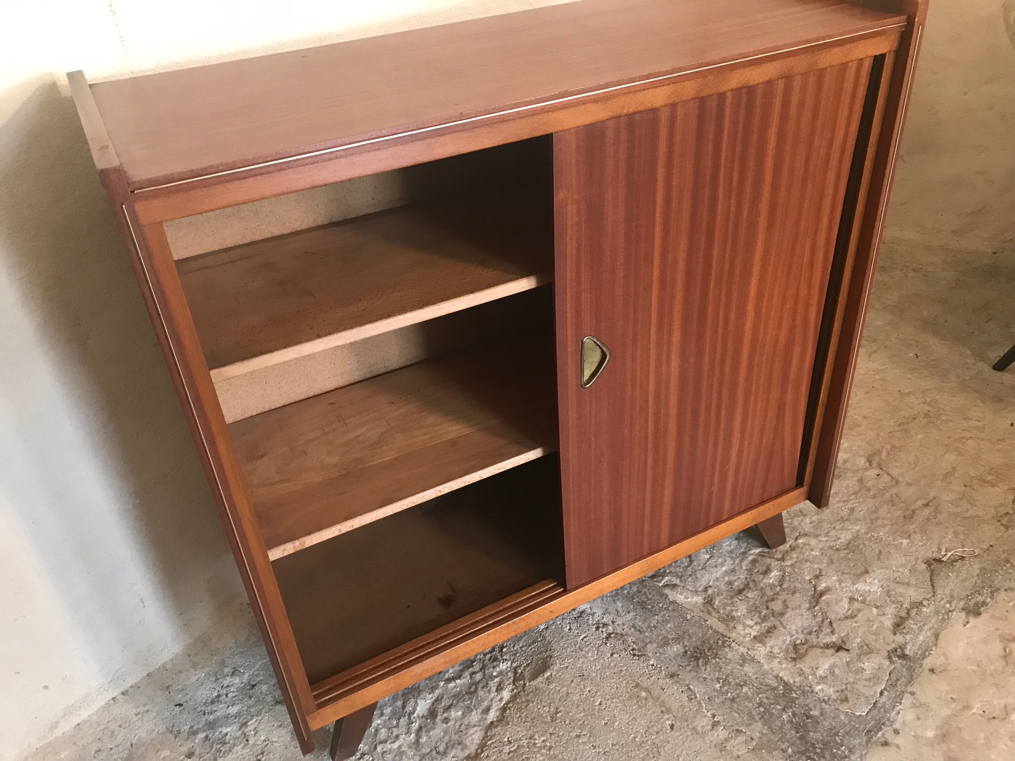 Vintage storage cabinet teak veneer sliding door compass feet