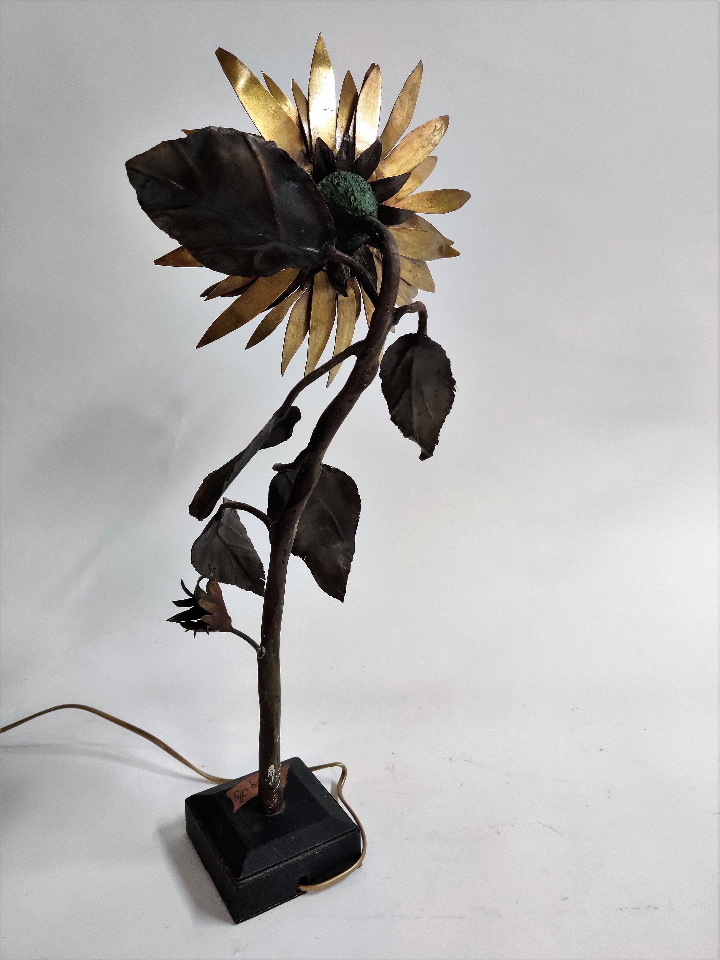 Vintage metal and bronze sunflower sculpture lamp, 1970s belgium