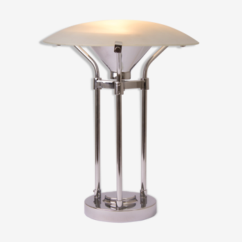 Midcentury table lamp with frosted glass canopy shade