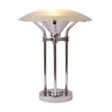 Midcentury table lamp with frosted glass canopy shade