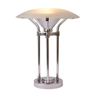 Midcentury table lamp with frosted glass canopy shade