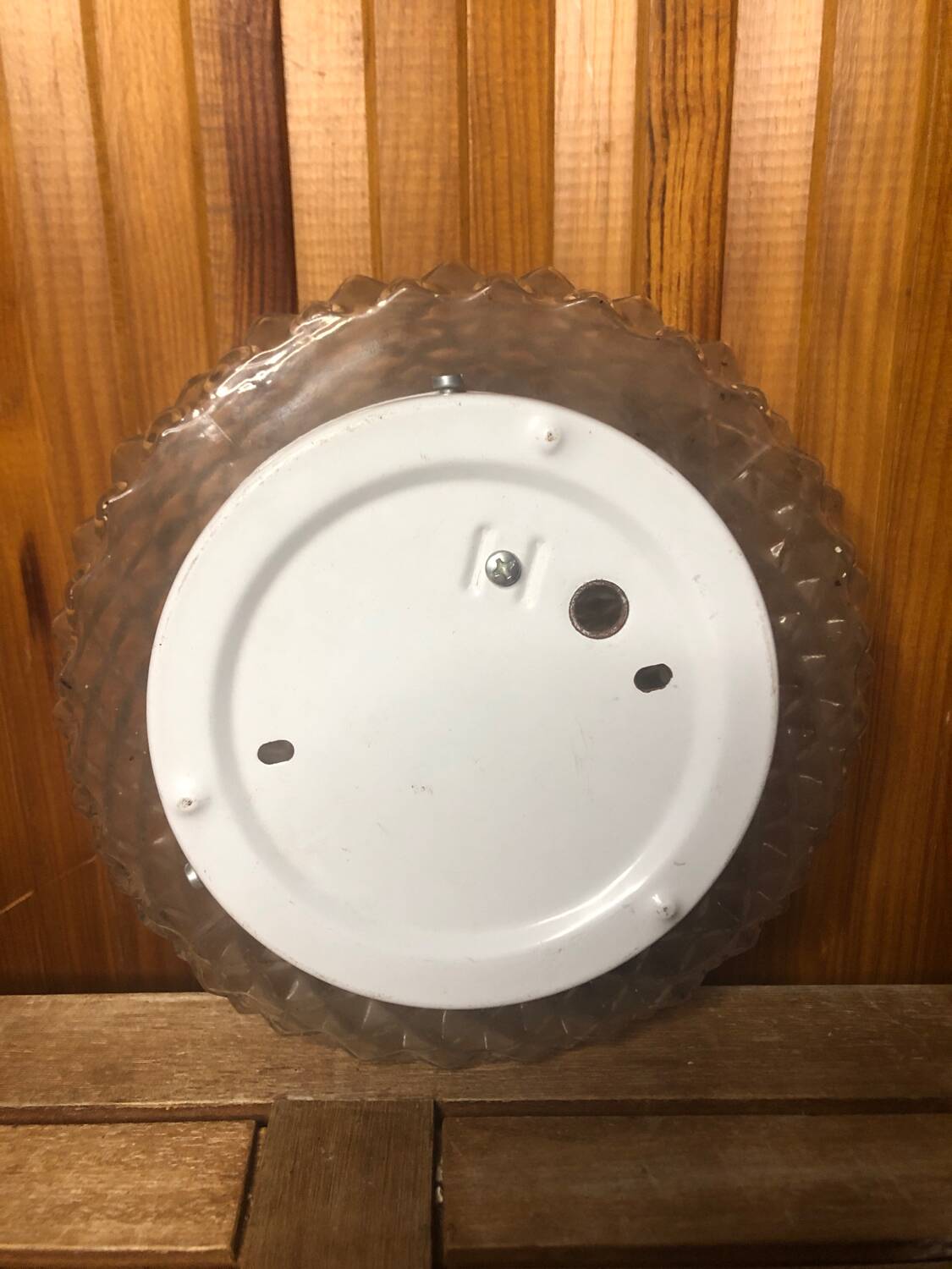 Old molded glass ceiling light + vintage white metal support