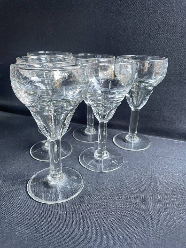 6 old blown and cut bistro glasses