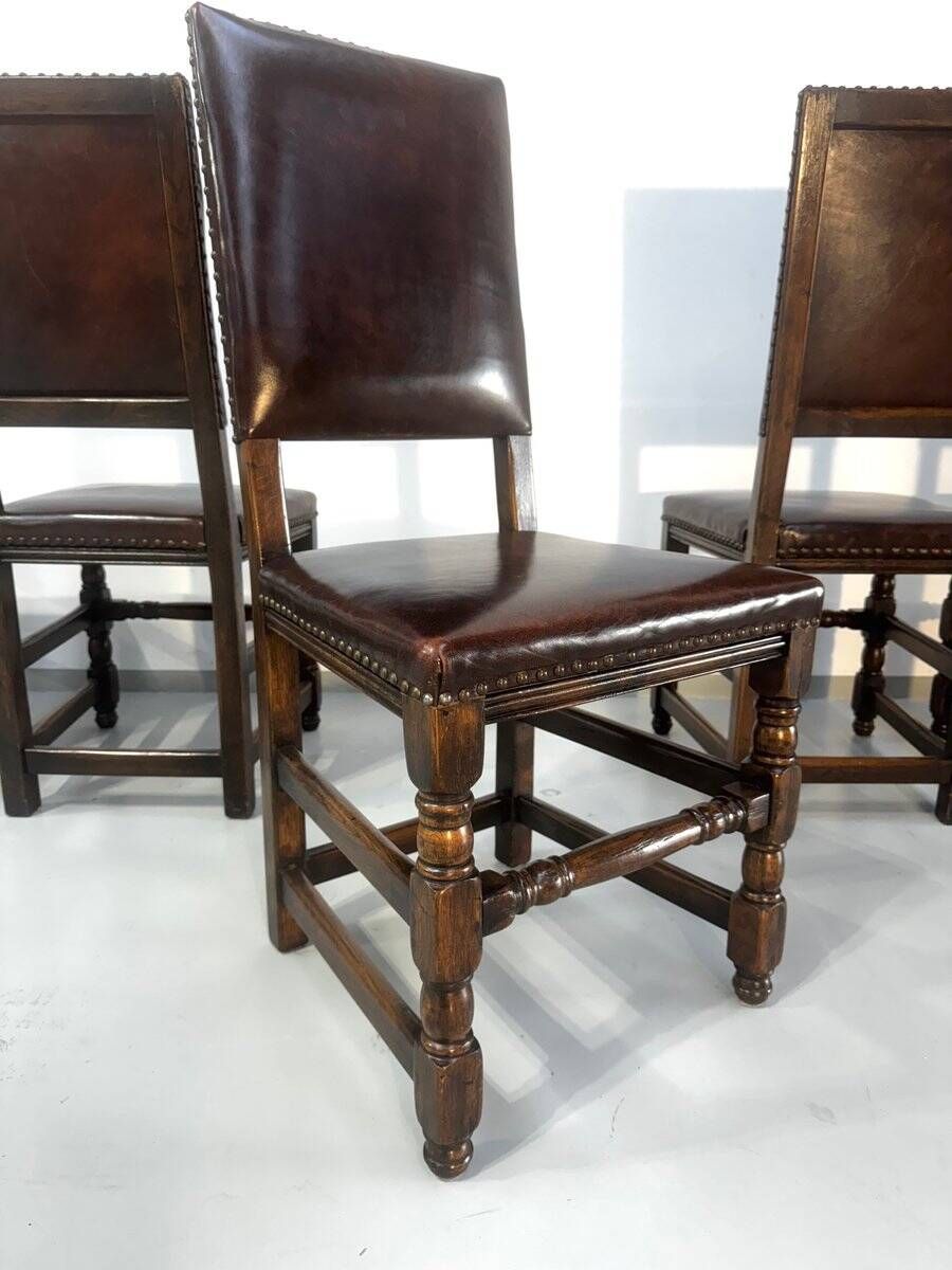 Vintage Handmade French Chairs in Leather & Oak, 1970s.