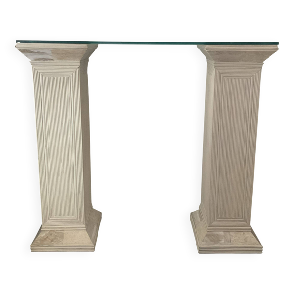 Console vintage en travertin, bois et verre