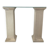Console vintage en travertin, bois et verre