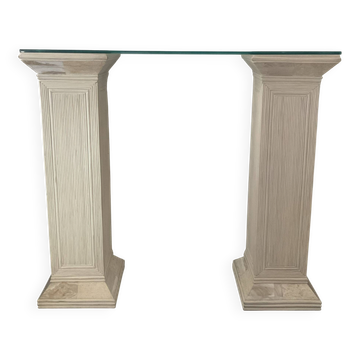 Console vintage en travertin, bois et verre