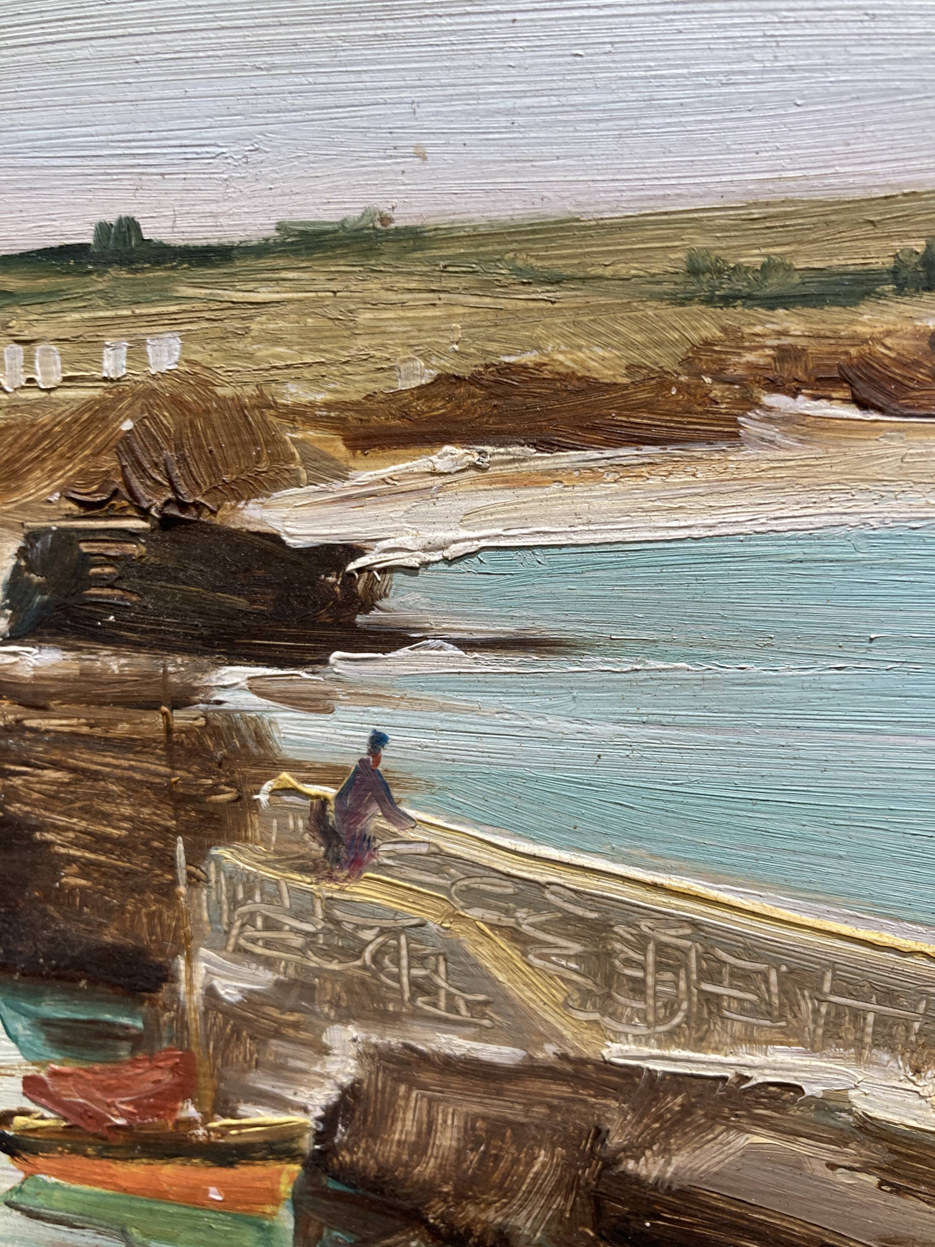 Oil on wood of a seaport signed B. Ny